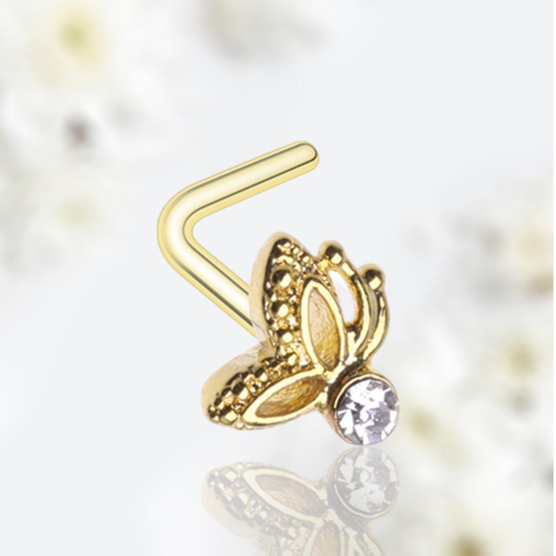 20G Gold Sparkling Clear Gem Flutter Butterfly L Shape Nose Stud