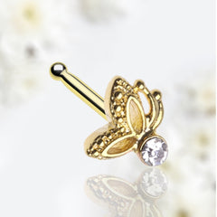 20G Gold Sparkling Clear Gem Flutter Butterfly Nose Stud