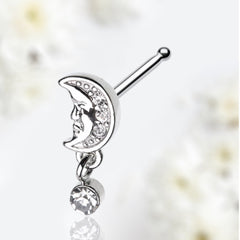 20G Silver Crescent Moon Dangling Gem Nose Stud