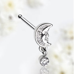 20G Silver Crescent Moon Dangling Gem Nose Stud