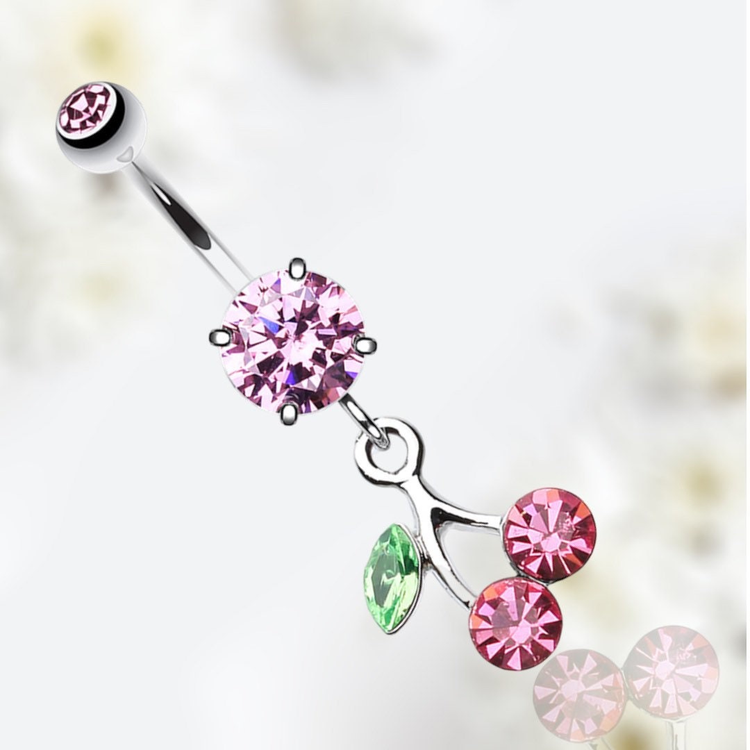 14G Silver Pink Gem Dangling Cherry on Top Belly Button Ring