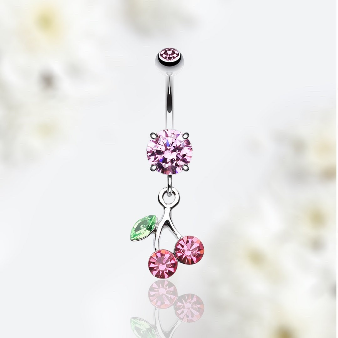 14G Silver Pink Gem Dangling Cherry on Top Belly Button Ring