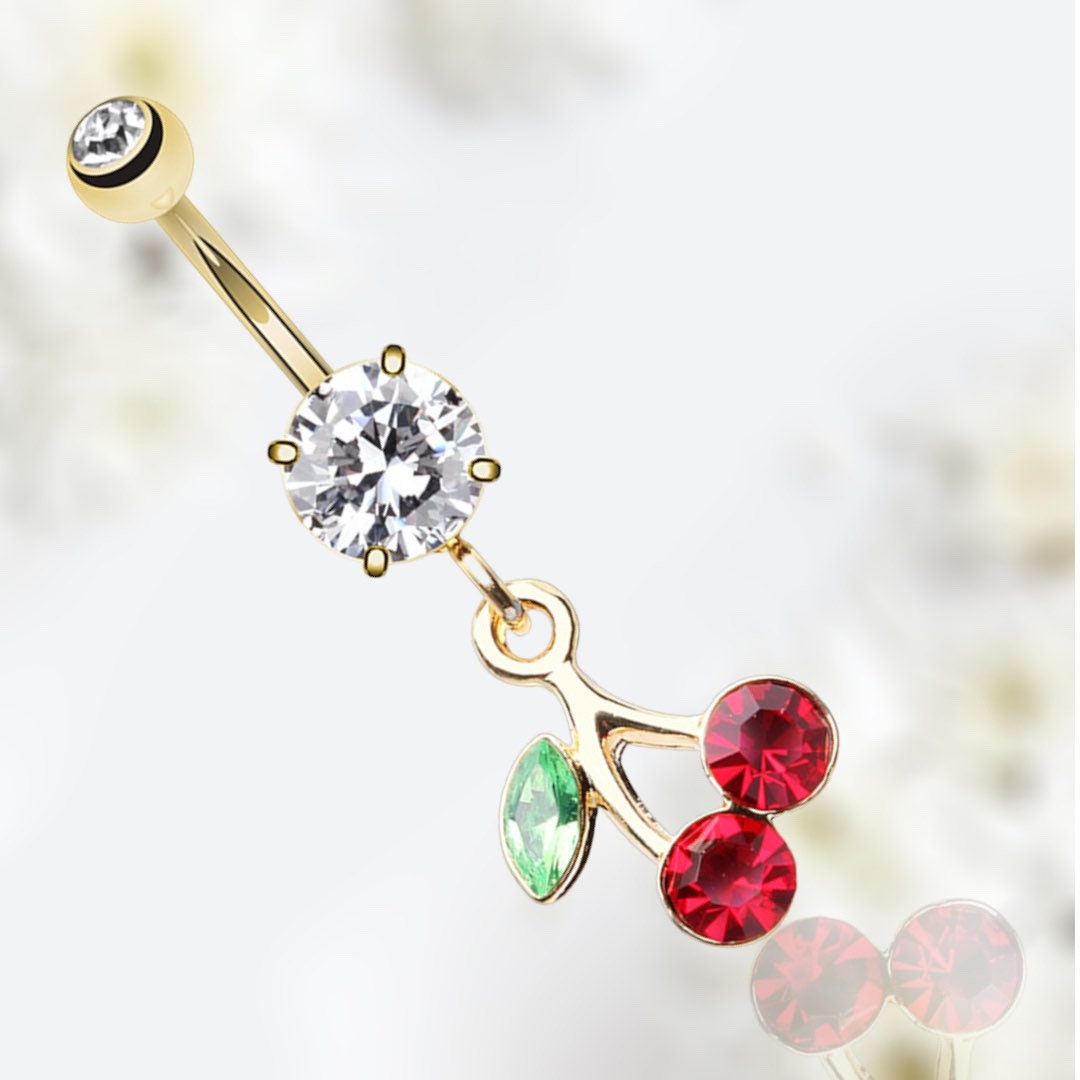 14G Gold Red Gem Dangling Cherry on Top Belly Button Ring