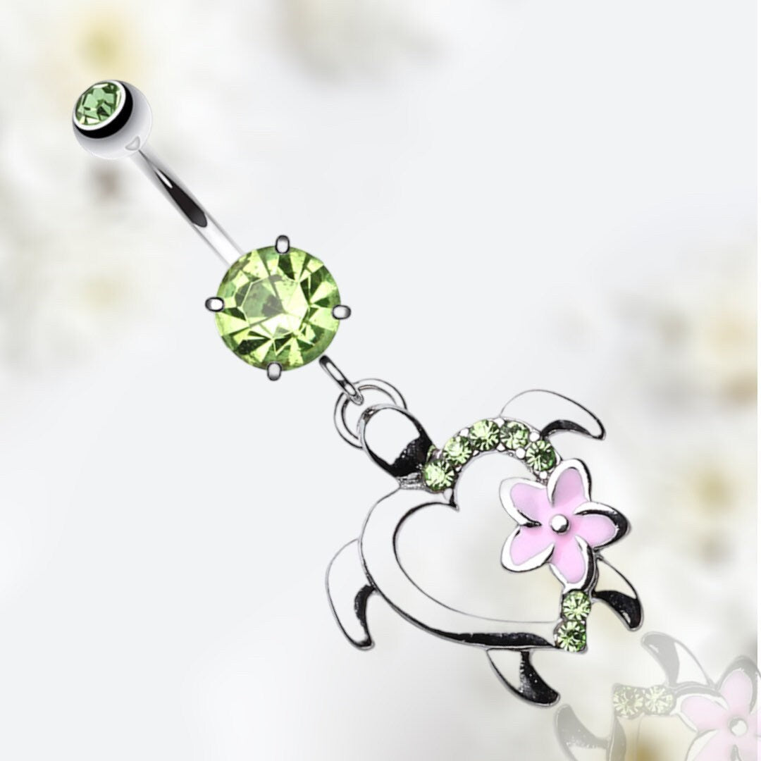 14G Silver Clear Gem Dangling Turtle Belly Button Ring