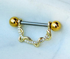 Pair of 14G Gold Sparkling Clear Gem Twisted Vine Nipple Shield