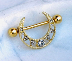 Pair of 14G Gold Dangling Clear Gem Tribal Nipple Shield