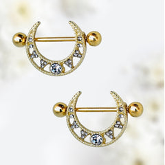 Pair of 14G Gold Dangling Clear Gem Tribal Nipple Shield