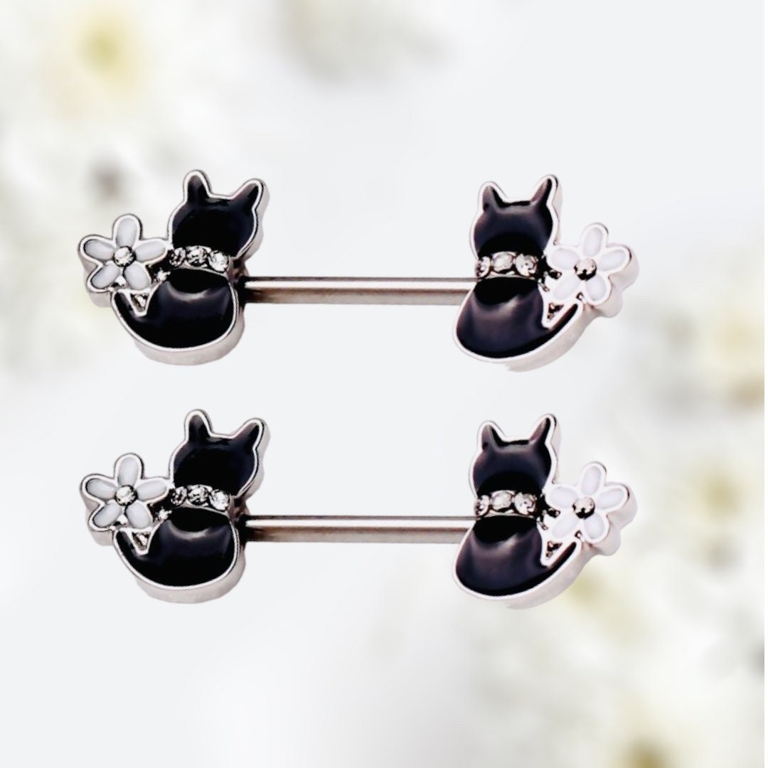 Pair of 14G Black Cat & Flower Nipple Barbell