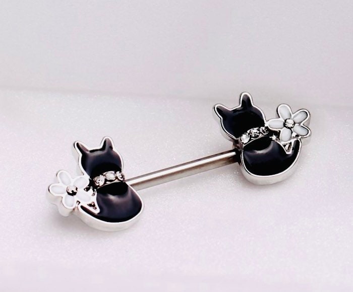 Pair of 14G Black Cat & Flower Nipple Barbell