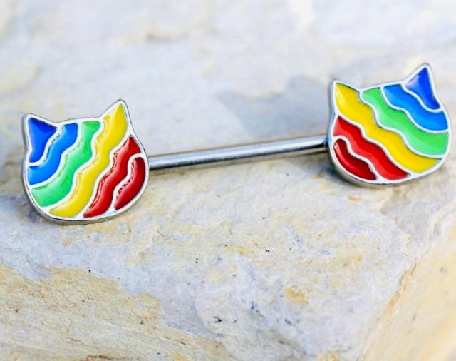 Pair of 14G Silver Rainbow Cat Nipple Barbell