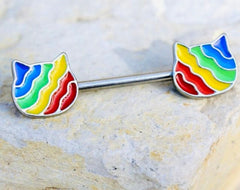 Pair of 14G Silver Rainbow Cat Nipple Barbell