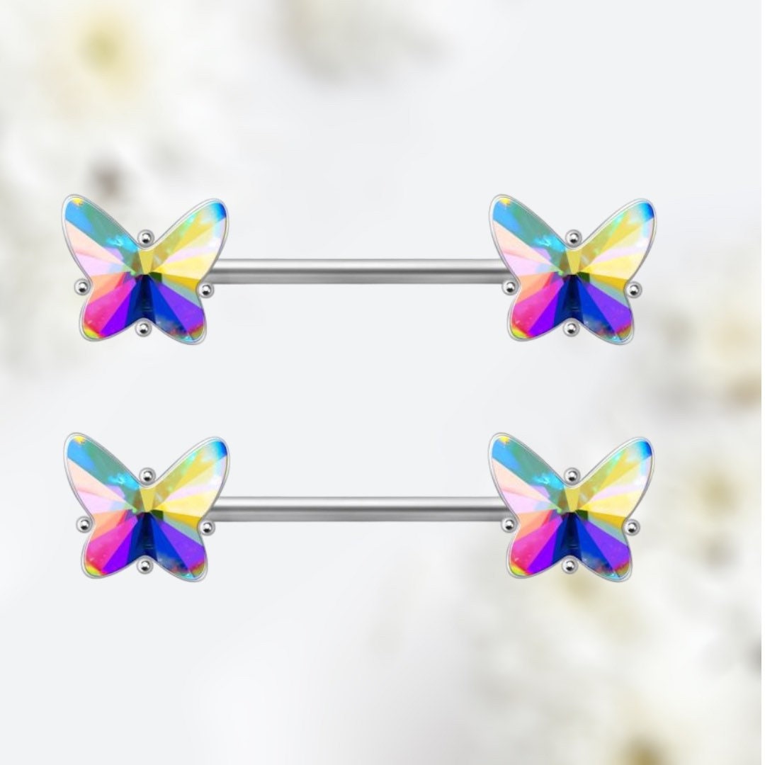 Pair of 14G Silver Multicolor Butterfly Nipple Barbell