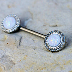 Pair of 14G Ornate White Opal Center Nipple Barbell