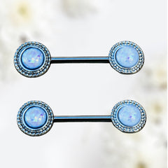 Pair of 14G Ornate White Opal Center Nipple Barbell