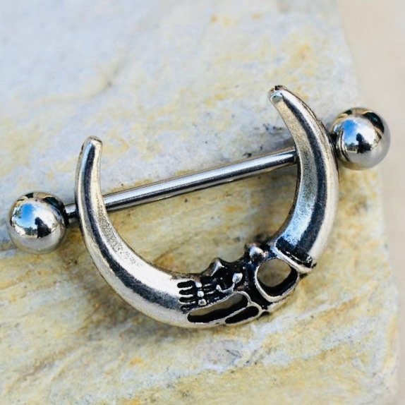 Pair of 14G Silver Gothic Crescent Moon Nipple Shield Barbell