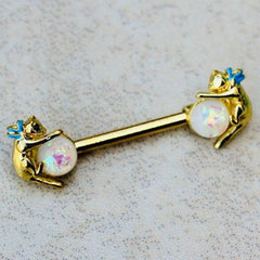 Pair of 14G Gold Cat with White Opal Balls Nipple Barbell