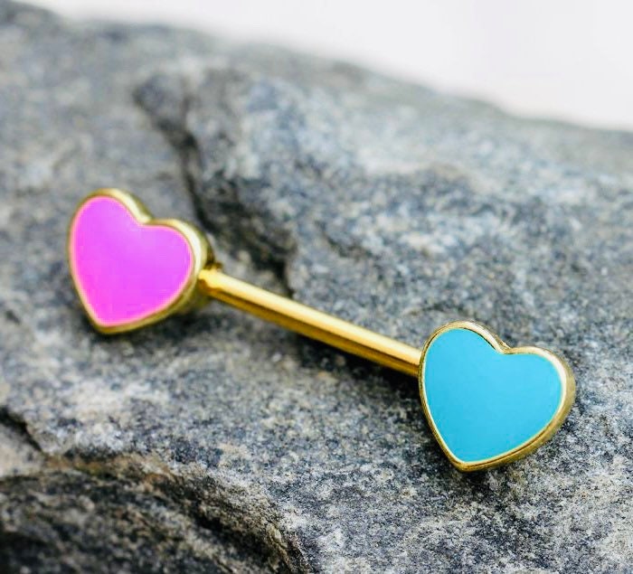 14G Nipple Jewelry, Pink & Blue Heart Nipple Barbell, Nipple Piercing Barbell