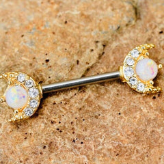 Pair of 14G Gold Clear Gem White Opal Moon Nipple Barbell