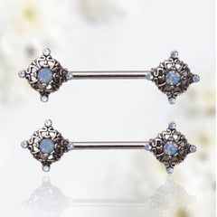 Pair of 14G Ornate Aqua Gem Center Nipple Barbell