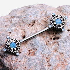 Pair of 14G Ornate Aqua Gem Center Nipple Barbell