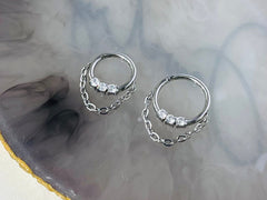 16G Silver Clear Gems Dangling Chain Seamless Hinged Septum Clicker Ring