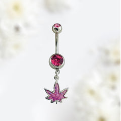 Silver & Pink Glittered Marijuana Dangling Belly Button Ring. Navel Ring. Belly Piercing.