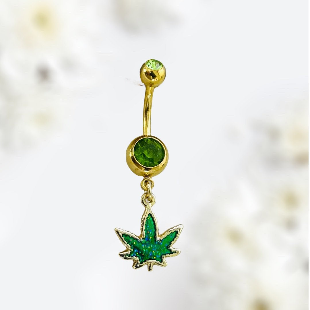 Gold & Green Glittered Marijuana Dangling Belly Button Ring. Navel Ring. Belly Piercing.