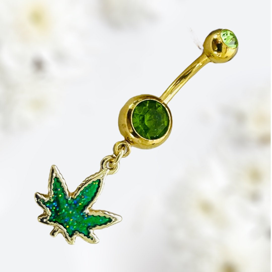 Gold & Green Glittered Marijuana Dangling Belly Button Ring. Navel Ring. Belly Piercing.