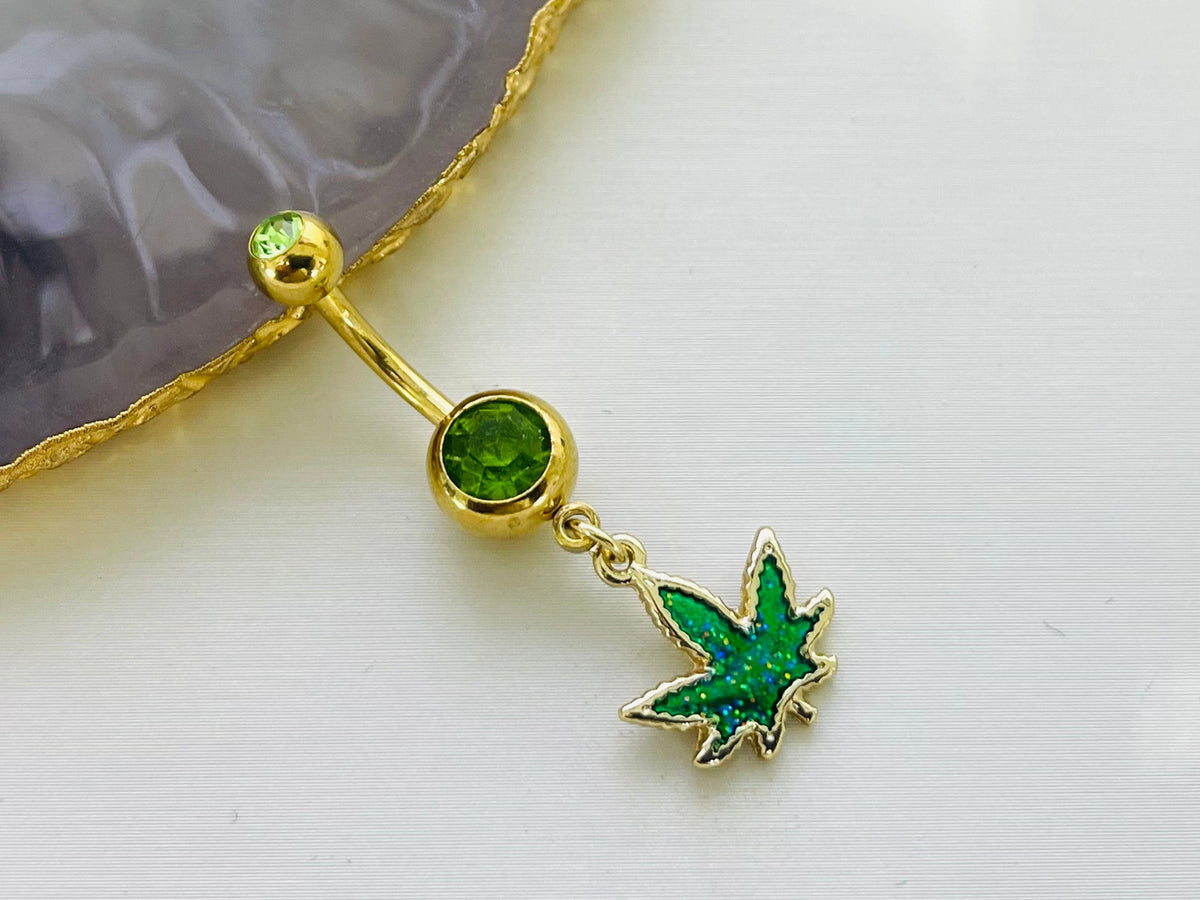 Gold & Green Glittered Marijuana Dangling Belly Button Ring. Navel Ring. Belly Piercing.