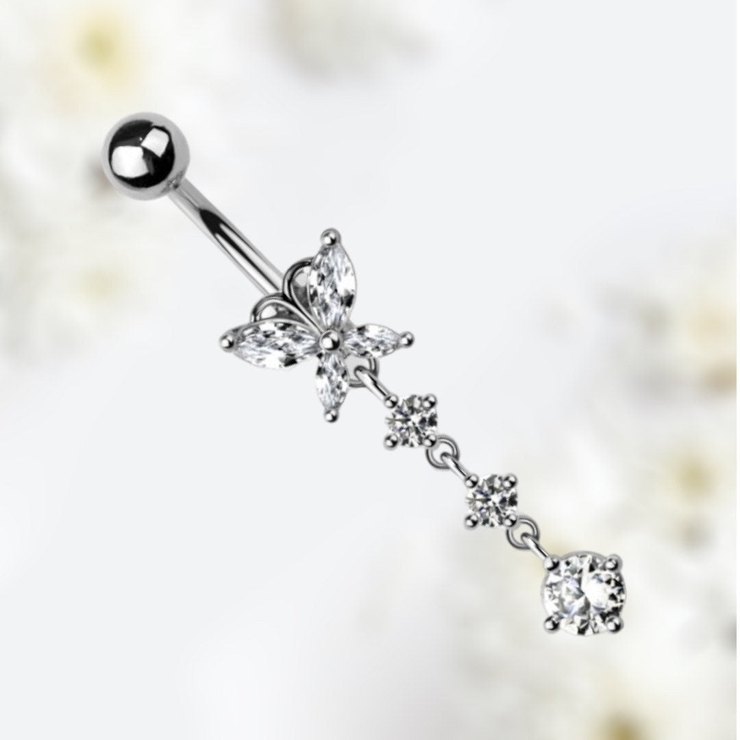 14G Silver Butterfly Dangling Clear Gems Belly Button Ring