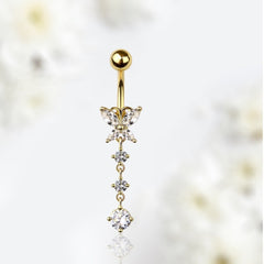 14G Gold Butterfly Dangling Clear Gems Belly Button Ring