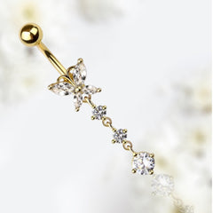 14G Gold Butterfly Dangling Clear Gems Belly Button Ring