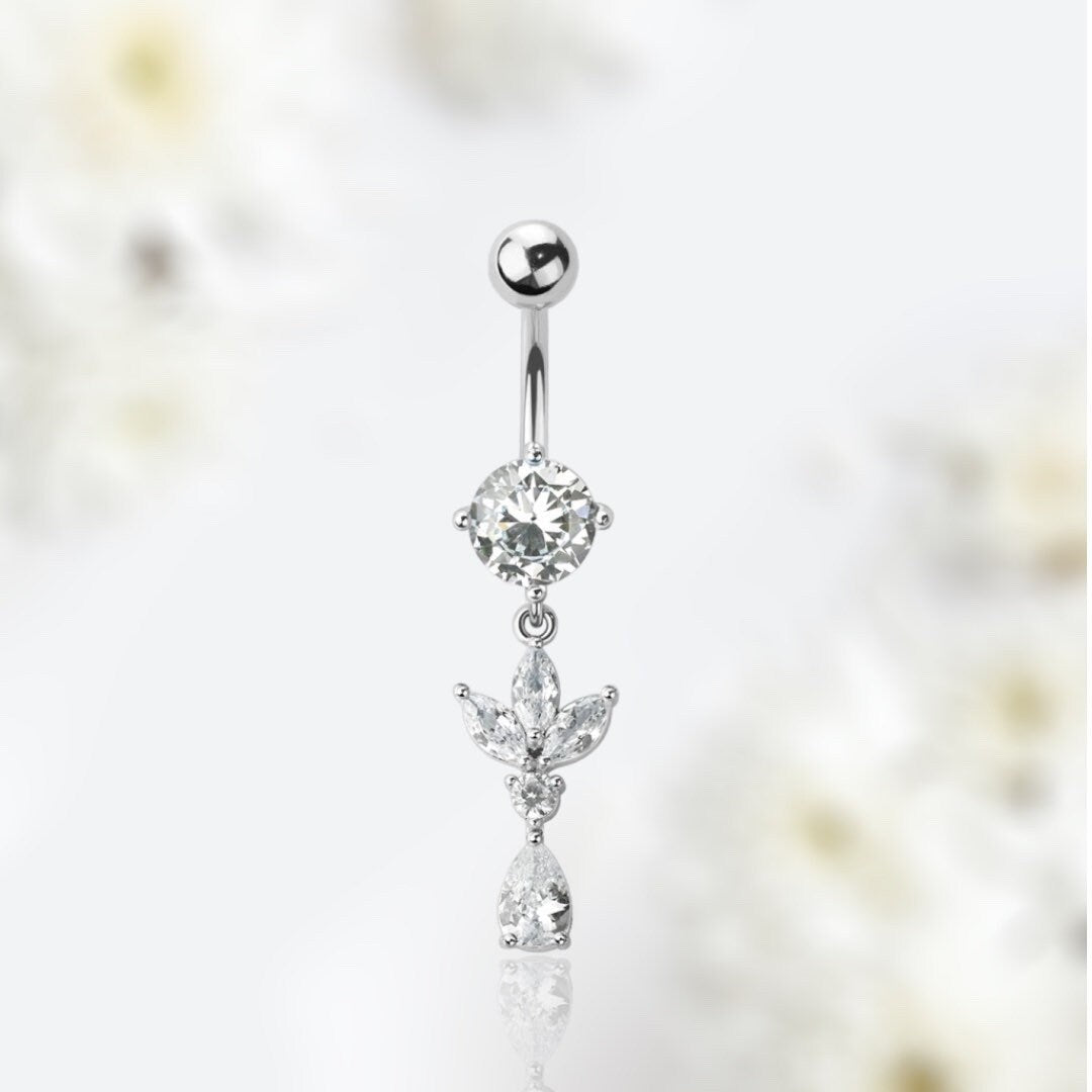 14G Silver Clear Gem Paved Dangling Teardrop Belly Button Ring