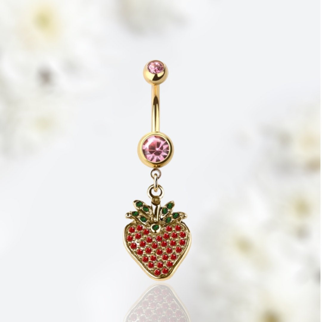 14G Gold Dangling Strawberry Charm Belly Button Ring