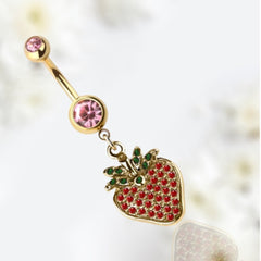 14G Gold Dangling Strawberry Charm Belly Button Ring