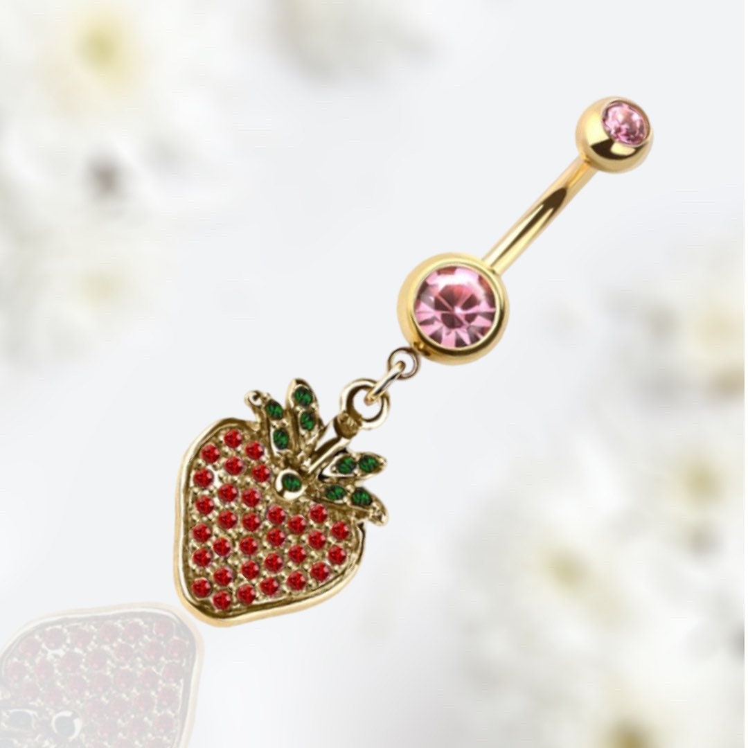 14G Gold Dangling Strawberry Charm Belly Button Ring