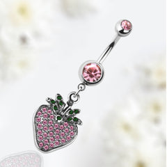 14G Silver Pink Gem Dangling Strawberry Charm Belly Button Ring