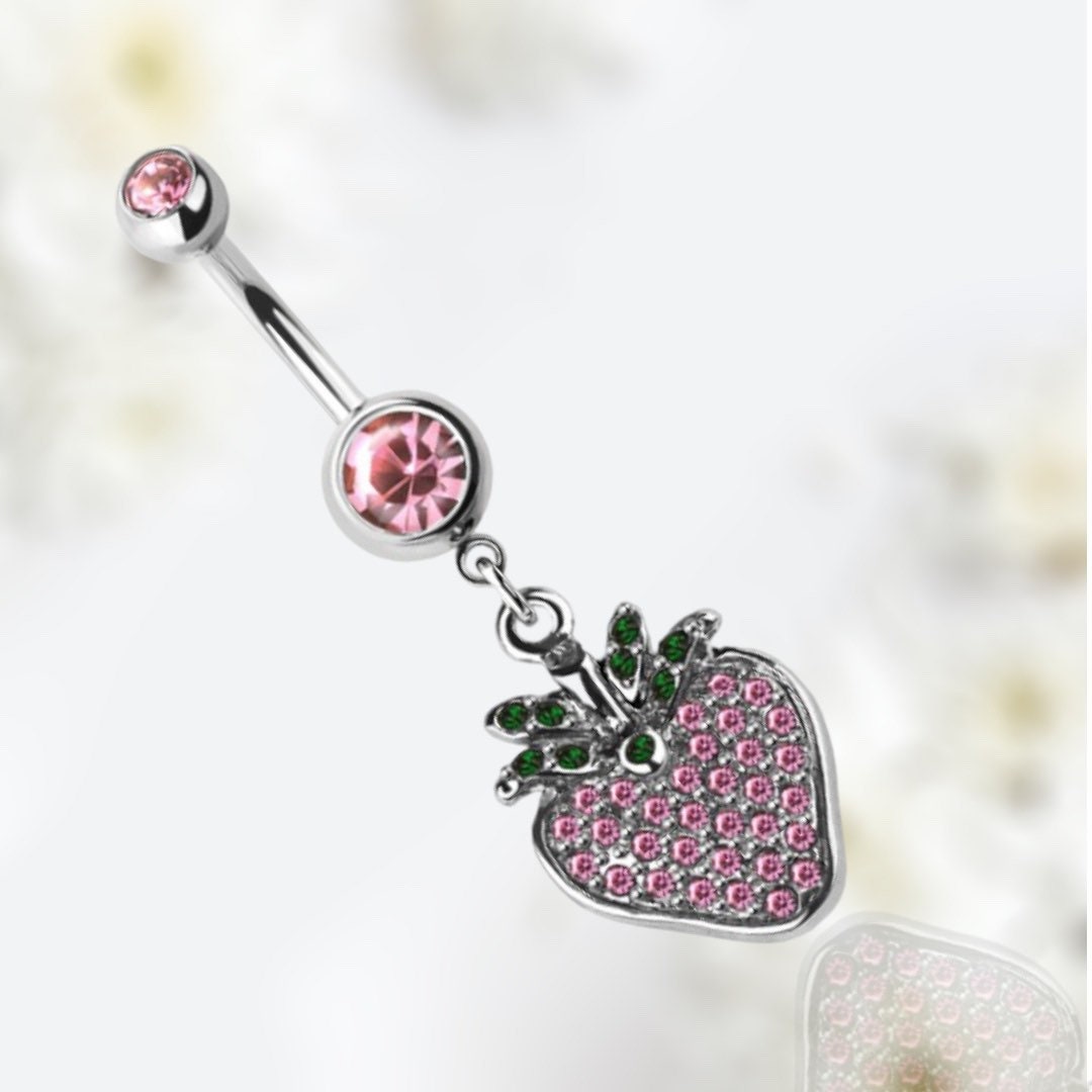 14G Silver Pink Gem Dangling Strawberry Charm Belly Button Ring