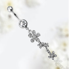 14G Silver Clear Gem Dangling Flowers Charm Belly Button Ring