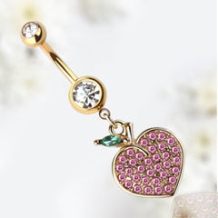 14G Gold Pink Gem Dangling Peach Charm Belly Button Ring