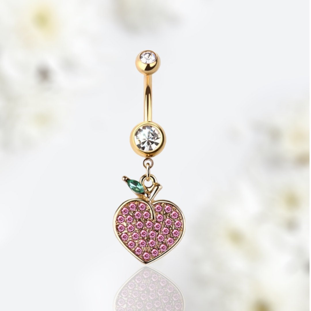 14G Gold Pink Gem Dangling Peach Charm Belly Button Ring