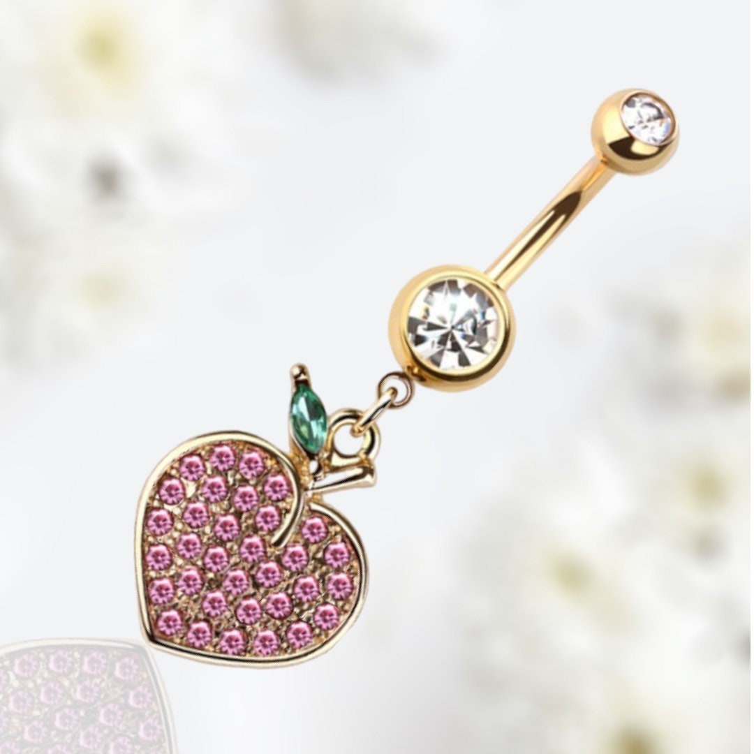 14G Gold Pink Gem Dangling Peach Charm Belly Button Ring