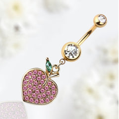 14G Gold Pink Gem Dangling Peach Charm Belly Button Ring