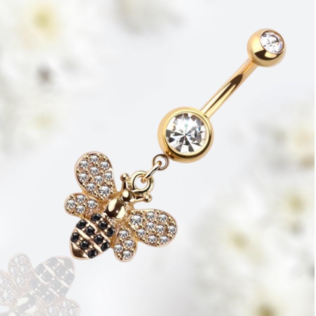 14G Gold Bumble Bee Dangling Belly Button Ring