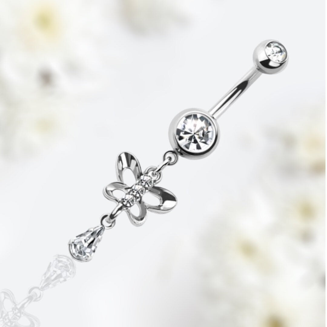 14G Silver Clear Gem Dangling Butterfly Belly Button Ring