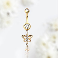 14G Gold Clear Gem Dangling Butterfly Belly Button Ring