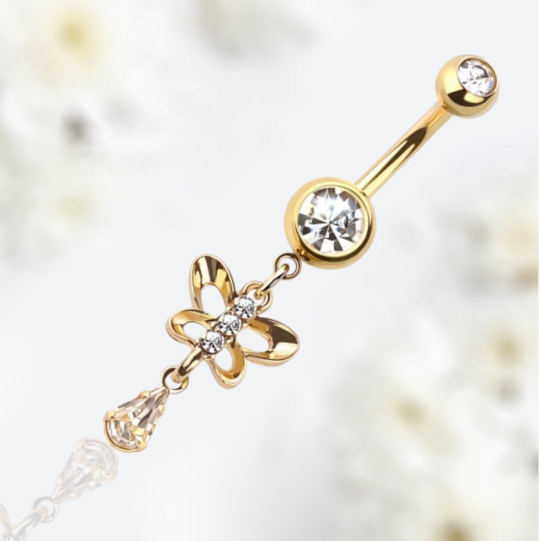 14G Gold Clear Gem Dangling Butterfly Belly Button Ring