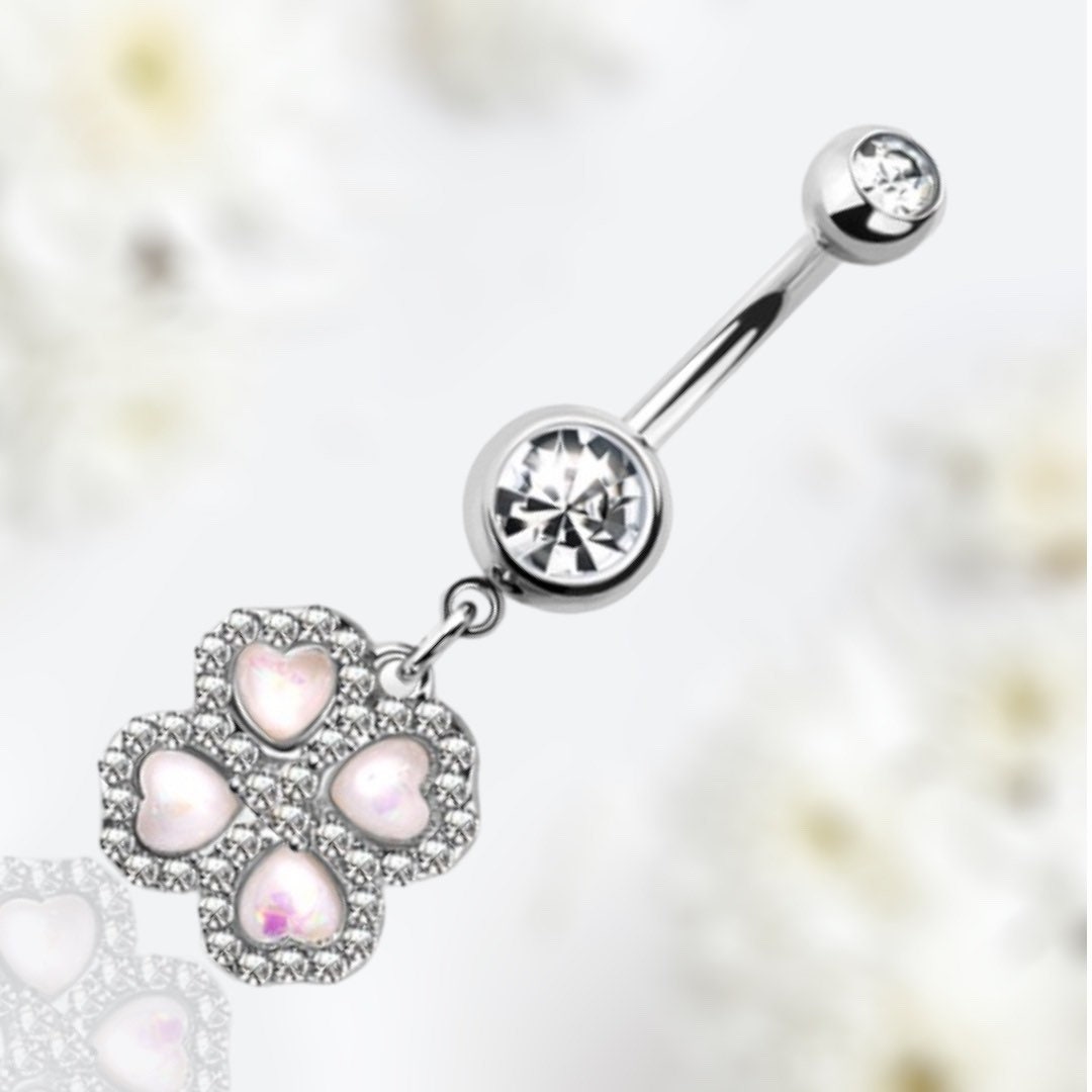 14G Silver Clear Gem Dangling White Opal Clover Flower Belly Button Ring