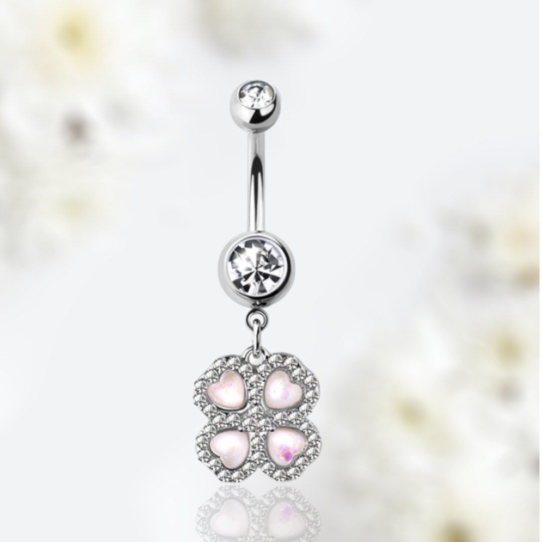 14G Silver Clear Gem Dangling White Opal Clover Flower Belly Button Ring