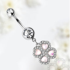 14G Silver Clear Gem Dangling White Opal Clover Flower Belly Button Ring